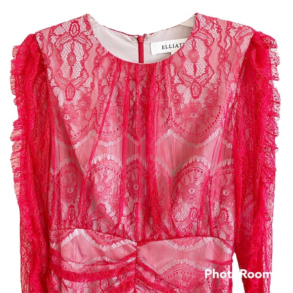 New Elliatt Rose Red Long Sleeve Ruched Lace Mini Dress Sz Small - Picture 4 of 16
